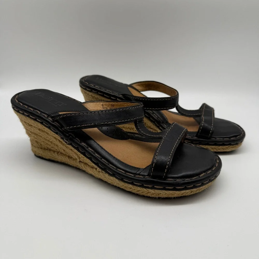 Born Wedge Sandals Womens 8 Black Y2K Leather Espadrille T-Strap Rope W3494